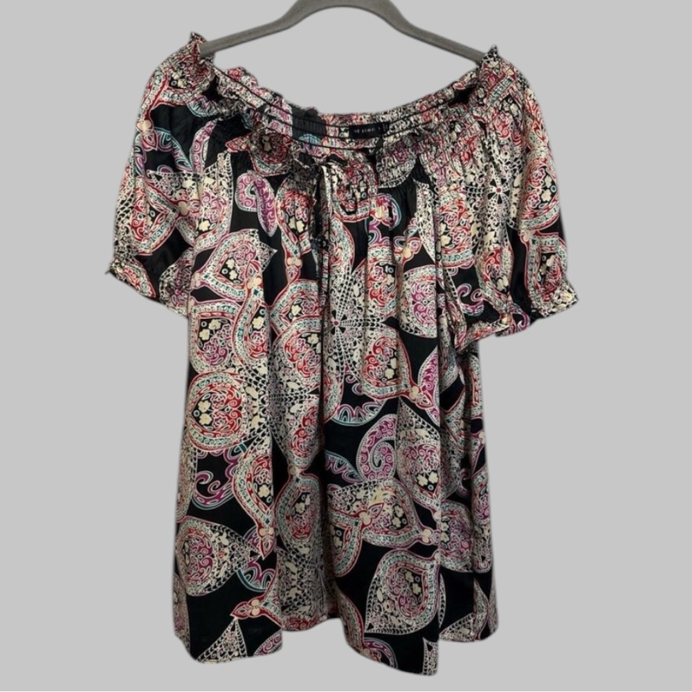 The Limited Short Sleeve Silky Paisley Top Blouse Buttons Tie Boho Y2K Office Lg